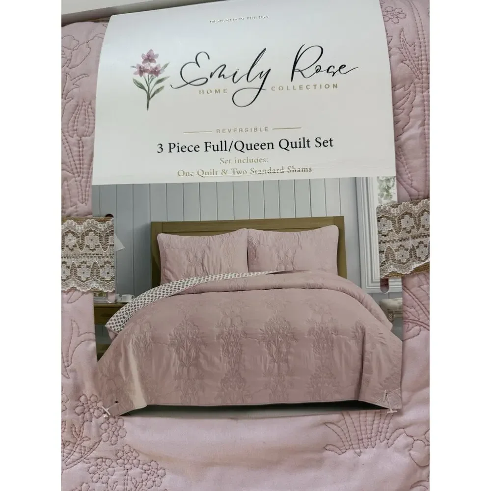 Emily Rose 3-Piece Reversible Full/Queen Quilt Set – Blush Pink / Floral